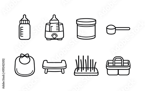 Home baby feeding items: baby bottle, bottle warmer, formula container, measuring scoop, bib cloth, high chair tray, drying rack, storage caddy.