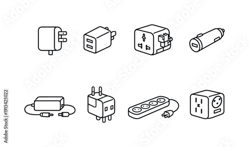 Home power adapters: wall adapter, USB charger, travel adapter, car charger, power brick, plug converter, extension adapter, multi plug.