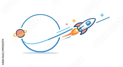 Transforming readiness into decisive momentum at the right moment expressed through cosmic breakout, a spacecraft cleanly exiting a circular holding orbit into a straight forward