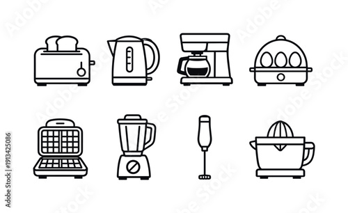 Home kitchen breakfast appliances: toaster, electric kettle, coffee maker, egg cooker, waffle maker, blender, milk frother, citrus juicer.