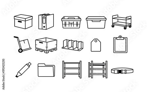 Office desk archive transport items: archive box, file box, document crate, storage bin, trolley cart, hand truck, pallet box, divider insert, label tag, clipboard, marker pen,