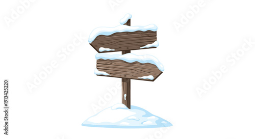 Two rustic wooden arrow signs pointing in different directions are mounted on a post covered with a mound of white snow.