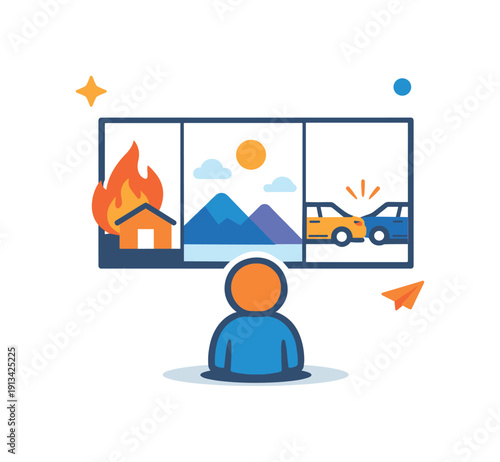 Psychological distance and observing situations without emotional overidentification, a small figure viewing events through a framed window representing perspective, objectivity,