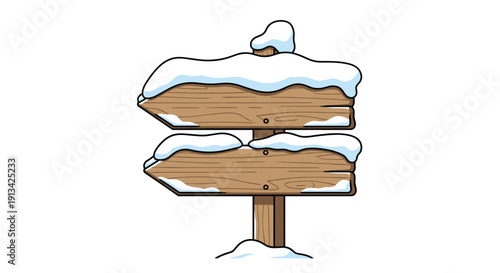 A rustic wooden signpost features two horizontal arrow-shaped boards pointing different ways, both heavily covered with snow.