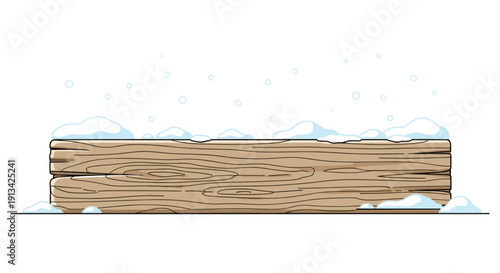 A long horizontal wooden plank with a natural grain sits covered in a thick layer of white snow with falling flakes.