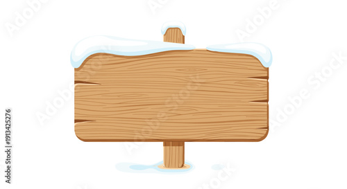 A rectangular wooden signpost with a rounded top stands covered in a layer of white snow against a clear background.