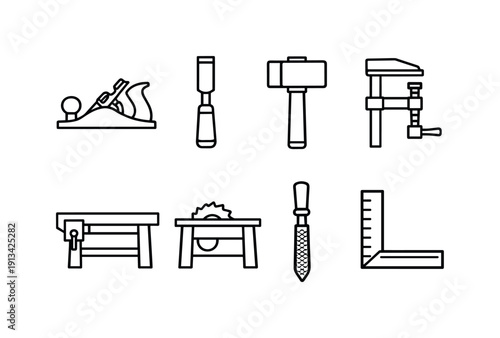 Woodworking shop tools: hand plane, wood chisel, mallet, clamp, workbench, table saw, wood file, measuring square.