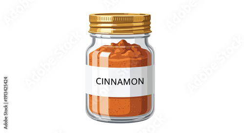 Clear glass spice jar with a gold screw lid and a label reading 'CINNAMON' filled with brown powder.