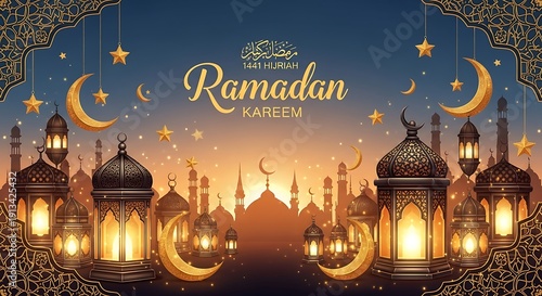 Festive Ramadan Kareem greeting with lanterns and crescent moons at twilight