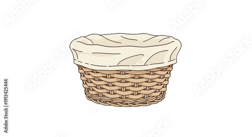 Short round woven wicker basket with a light-colored cloth lining resting on a clean white background.