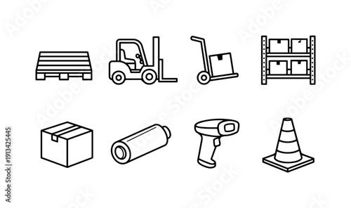 Warehouse equipment: pallet, forklift, hand truck, storage rack, cardboard box, shrink wrap roll, barcode scanner, safety cone.