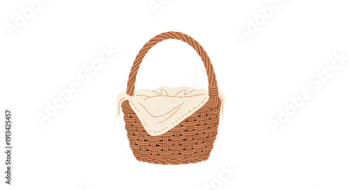 Single handle brown wicker basket with a light-colored cloth liner inside against a simple white background.