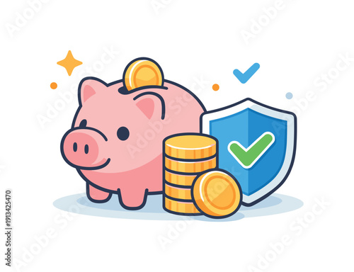Personal financial resilience and smart saving habits in everyday life highlighting preparedness and stability, a piggy bank combined with stacked coins and a small shield icon