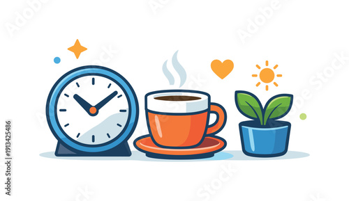 Healthy workday balance and sustainable productivity for modern lifestyles, a desk clock paired with a coffee cup and a small plant symbolizing paced effort and recovery, calm