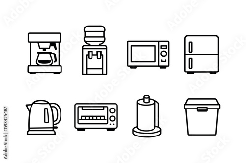 Office breakroom appliances: coffee machine, water dispenser, microwave oven, mini fridge, electric kettle, toaster oven, paper towel holder, trash can.