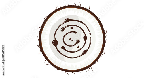 A halved coconut with its white flesh exposed is creatively drizzled with dark chocolate sauce in a spiral pattern on a white background.