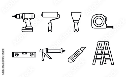 Home renovation essentials: cordless drill, paint roller, putty knife, measuring tape, spirit level, caulking gun, utility knife, step ladder.
