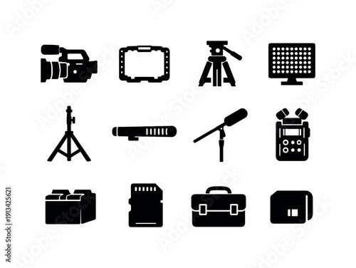 Professional video production gear: video camera, camera cage, tripod, fluid head, LED panel light, light stand, shotgun microphone, boom pole, field recorder, battery pack, memory