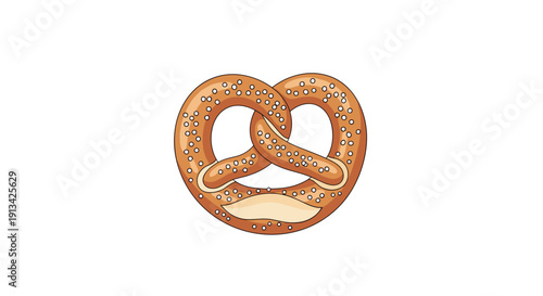 A delicious brown baked pretzel featuring a classic knot shape and numerous white salt sprinkles is illustrated on a white backdrop.
