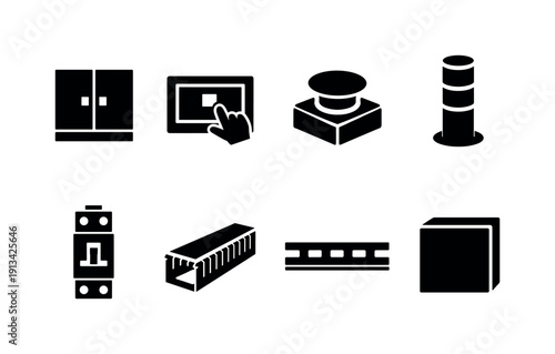 Smart factory control hardware icon set showing control cabinet, touchscreen panel, emergency stop, signal tower, circuit breaker, wiring duct, mounting rail, enclosure box