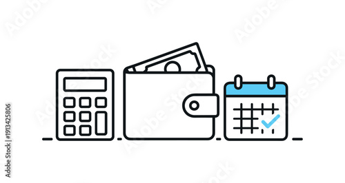 Mindful personal budgeting and financial awareness in everyday life focused on control and stability, a calculator beside a wallet and a small calendar symbolizing planned spending