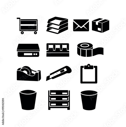 Office mailroom equipment: mail cart, letter tray, envelope, parcel box, postage scale, stamp dispenser, label roll, tape dispenser, box cutter, clipboard, shelving unit, waste bin