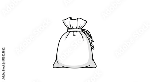 Simple line art illustration of a closed fabric drawstring pouch bag with a tied knot on a white background.