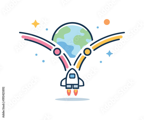 Exploration of alternative strategies and parallel options in planning and innovation framed as cosmic branching, a spacecraft approaching a forked orbital path around a planet