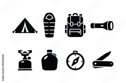 Outdoor camping basics: tent, sleeping bag, backpack, flashlight, camp stove, canteen, compass, pocket knife.