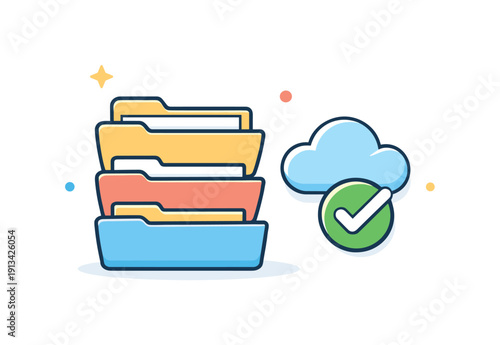 Digital organization and file management for remote professionals emphasizing structure and efficiency, a neatly stacked folder set paired with a small cloud icon and a single