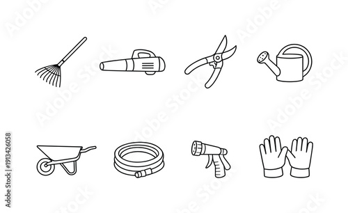 Garden basic maintenance tools: garden rake, leaf blower, pruning shears, watering can, wheelbarrow, garden hose, spray nozzle, work gloves.
