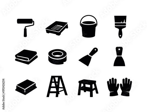 Home DIY painting tools: paint roller, paint tray, paint bucket, paint brush, drop cloth, masking tape, scraper, putty knife, sanding block, ladder, step stool, work gloves.