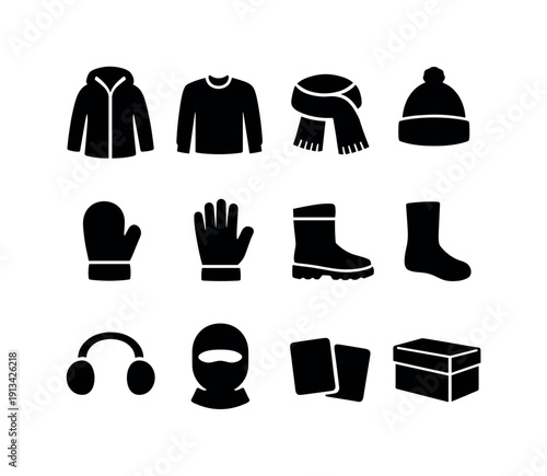 Home winter gear: winter coat, sweater, scarf, beanie, mitten, glove, snow boot, thermal sock, earmuff, balaclava, hand warmer, storage box.
