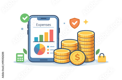 Personal financial awareness and monthly budget control in everyday life highlighting responsibility and smart decision making, a smartphone displaying a simple expense chart