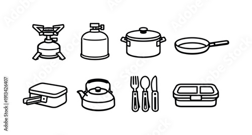 Outdoor camping cooking kit: camping stove, gas canister, cooking pot, frying pan, mess tin, camping kettle, utensil set, food container.