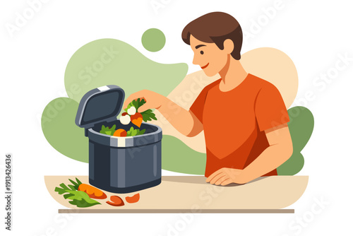 Man composting vegetable scraps in a bin for sustainability.
