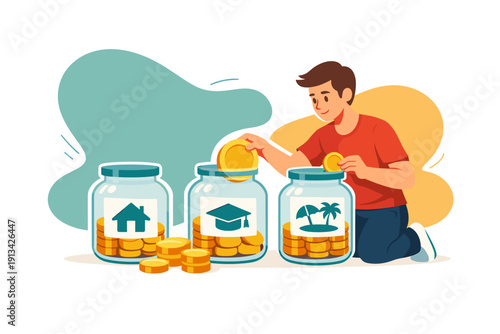 Man saving money in jars for house education and vacation.