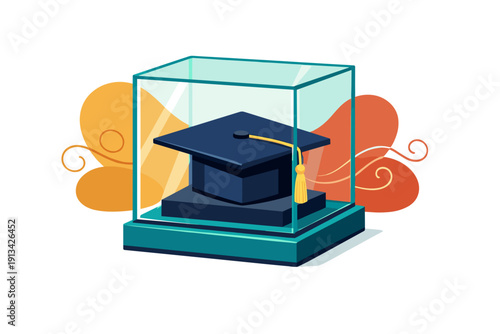 Graduation Cap Displayed Inside Glass Case with Decorative Elements.