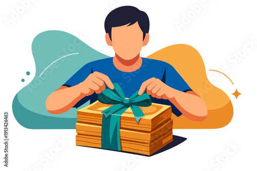 Man Tying Ribbon on Stack of Money Gift.