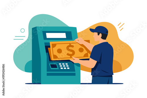 Man withdrawing money from an ATM machine illustration.