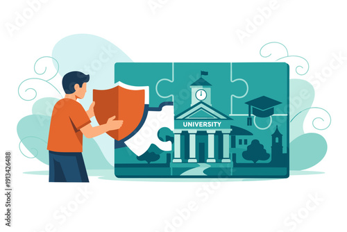 Student protecting university building with shield puzzle piece.