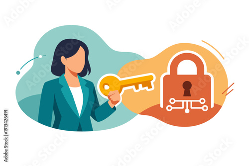 Woman holding key near digital lock icon representing security.
