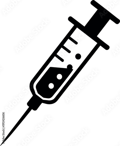 Medical Hypodermic Syringe with Needle and Liquid Droplets in a Solid Black Silhouette Vector