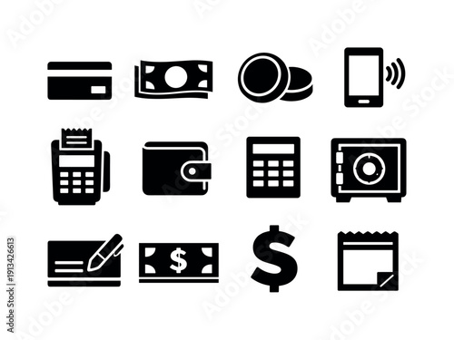 Payment Processing in silhouette style: credit card, cash, coin, mobile payment device, POS terminal, receipt, banknote, wallet, calculator, safe, checkbook, dollar sign.