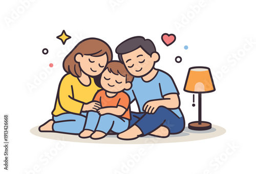 Quiet family evening centered on shared rest and emotional closeness after daily activities, two adults and a child sitting close together on the floor near a soft floor lamp