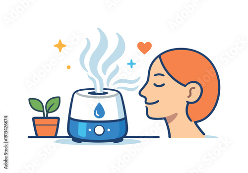 Everyday gentle care for relaxed breathing and nasal comfort during normal daily routines at home, a small humidifier paired with soft mist lines symbolizing balanced air and ease,