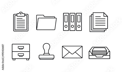 Service coordination documentation in outline style: clipboard, document folder, binder, paper stack, filing cabinet, stamp, envelope, paper tray.
