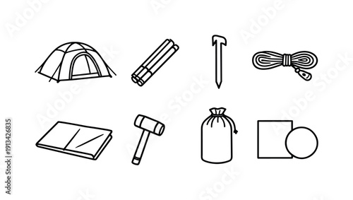 Outdoor camping shelter gear: camping tent, tent pole, ground stake, guy rope, footprint mat, mallet hammer, stuff sack, repair patch.