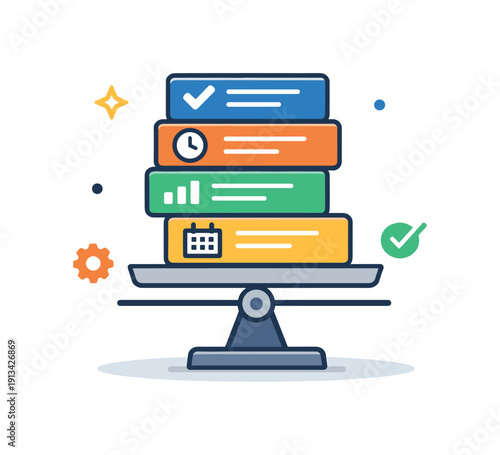 Strategic workload planning and capacity management in a professional setting focused on distributing effort sustainably, a balanced stack of task cards supported by a simple scale