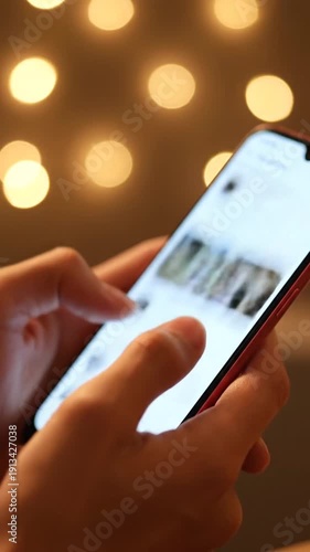 Hands scrolling mobile phone screen with warm bokeh lights background